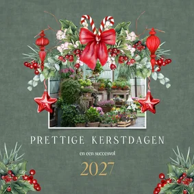 Zakelijke kerstkaart strik met takken en ornamenten