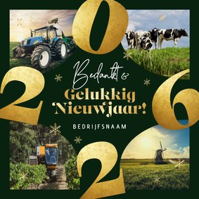 Zakelijke nieuwjaarskaart 2026 fotocollage goud sneeuw groen