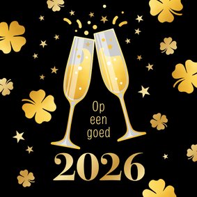 Zakelijke nieuwjaarskaart champagneglazen & klavertjes goud