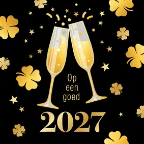 Zakelijke nieuwjaarskaart champagneglazen & klavertjes goud