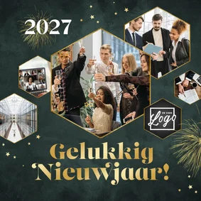 Zakelijke nieuwjaarskaart fotocollage vuurwerk sterren goud