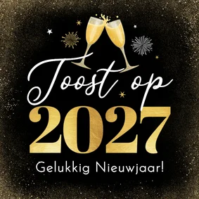 Zakelijke nieuwjaarskaart toost 2027 vuurwerk borrel sterren