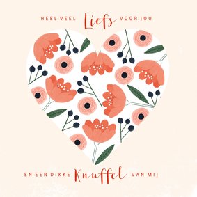 Zomaar kaart liefs en een knuffel bloemen in een hart