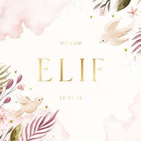 Zomers geboortekaartje met takjes, bloemen en duiven