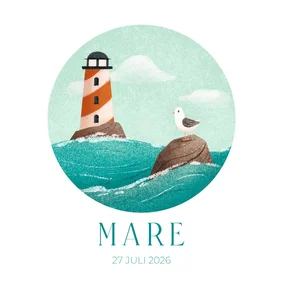 Zomers geboortekaartje met zeemeeuw en vuurtoren