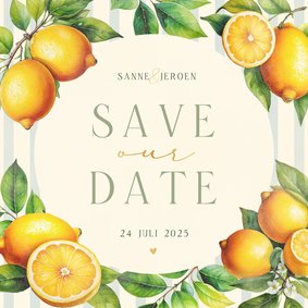 Zomerse save the date met citroenen streepjes en takjes