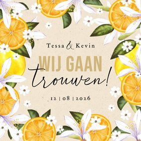 Zomerse trouwkaart botanisch fruit bloemen