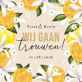 Zomerse trouwkaart botanisch fruit bloemen