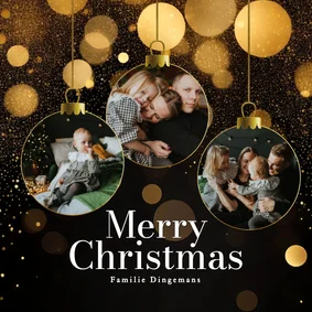 Zwart kerstkaartje met foto in kerstbal vorm en glitters
