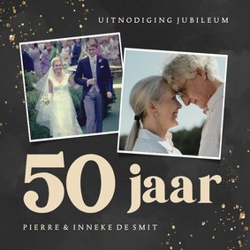 Zwarte jubileumkaart met gouden spetters en foto's 50 jaar