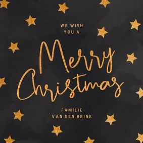 Zwarte kerstkaart met gouden glitter sterren