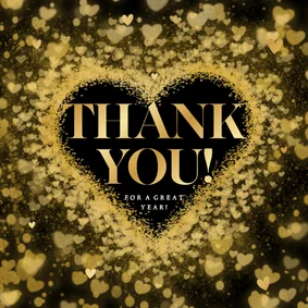 Zwarte kerstkaart zakelijk thank you met gouden hartjes