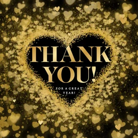 Zwarte kerstkaart zakelijk thank you met gouden hartjes