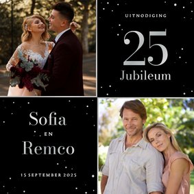 Zwarte uitnodiging jubileum met foto's en zilveren spetters