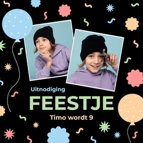 Zwarte uitnodiging kinderfeestje met foto en confetti