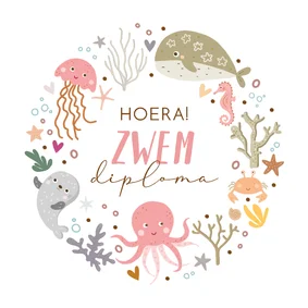 Zwemdiploma voor meisje zeedieren in krans