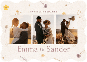 Fotokaart trouwen met geschulpte rand bedankt en bloemetjes