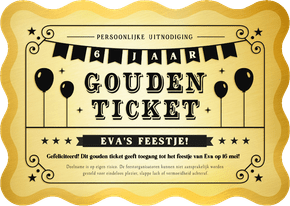Gouden ticket uitnodiging kaart kinderfeestje golvende rand