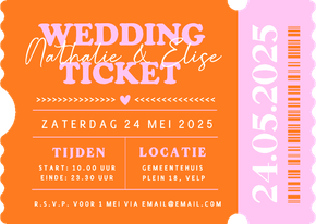 Hippe ticket vorm uitnodiging trouwen met felle kleuren
