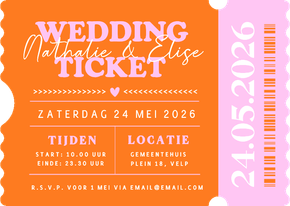 Hippe ticket vorm uitnodiging trouwen met felle kleuren