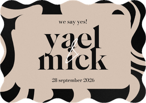 Hippe trouwkaart zwarte swirl beige achtergrond typografie