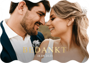 Liggende bedankkaart trouwen met eigen foto en golf rand