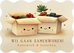 Samenwonen verhuiskaart met 2 verhuisdozen met oogjes