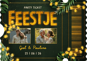 Ticket uitnodiging feestje botanisch met foto's en lampjes