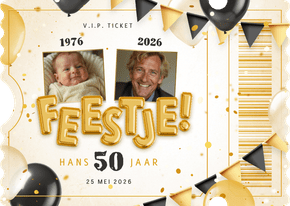 Ticket uitnodiging feestje met ballonnen en confetti