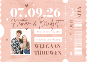 Ticketkaart bruiloft trouwkaart waterverf roze hip