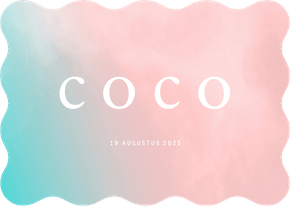 Trendy geboortekaartje turquoise roze overgang golf vorm