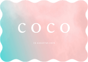 Trendy geboortekaartje turquoise roze overgang golf vorm