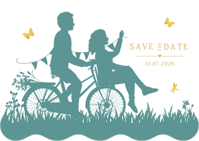 Trouwkaart silhouet samen op 1 fiets met golfrand