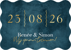 Trouwkaart wave vorm kaart donkerblauw stijlvol blauw goud