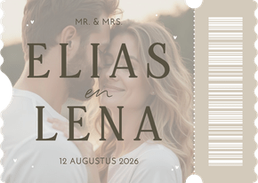 Uitnodiging bruiloft ticketvorm met grote foto en namen