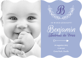 Uitnodiging doop golvend foto & initaal blauw