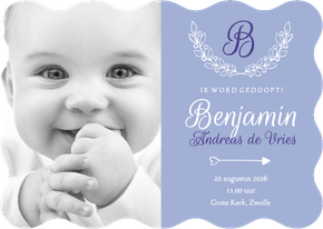 Uitnodiging doop golvend foto & initaal blauw