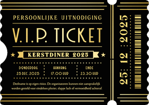 Uitnodiging kerstdiner in VIP ticket vorm zwart met goud