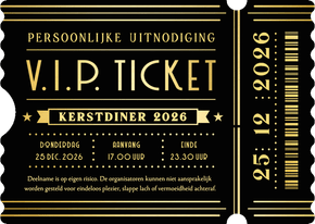 Uitnodiging kerstdiner in VIP ticket vorm zwart met goud