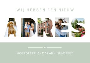 Adreswijziging met letters 'adres' met eigen foto's erin