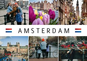 Ansichtkaart Amsterdam met fotocollage en vlag