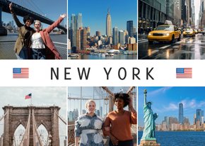 Ansichtkaartje New York met fotocollage en vlag