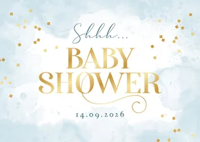 Babyshower jongen uitnodiging waterverf blauw confetti goud