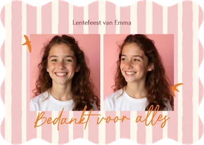 Bedankt lentefeest roze streep met oranje vogeltjes golfvorm