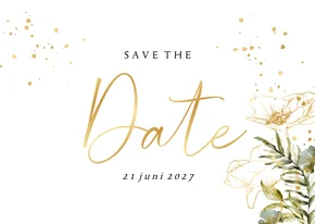 Botanische save the date waterverf bladeren hartjesconfettie
