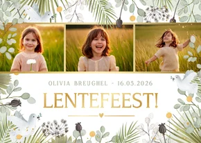 Botanische uitnodiging lentefeest met takjes foto's en duif