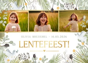 Botanische uitnodiging lentefeest met takjes foto's en duif
