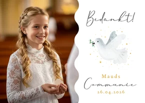 Communie bedankkaart met foto en duifje