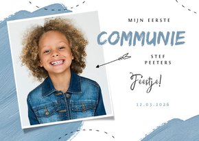 Communie feest uitnodiging blauw verf pijltje foto