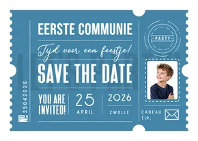 Communie feestje ticket blauw stoer modern foto